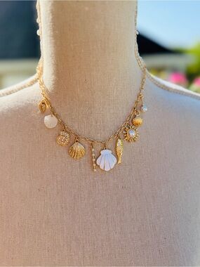 Gold Shell Charm Necklace with White Accents - Women Jewelry